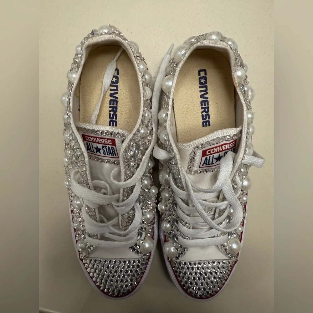 Hand Beaded and Crystal Converse All Star Low Top Sneakers - Picture 2 of 10